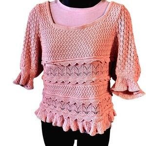 Q&A Los Angeles Women L Pink Crochet Ruffle Square Neck Puff Sleeve Sweater